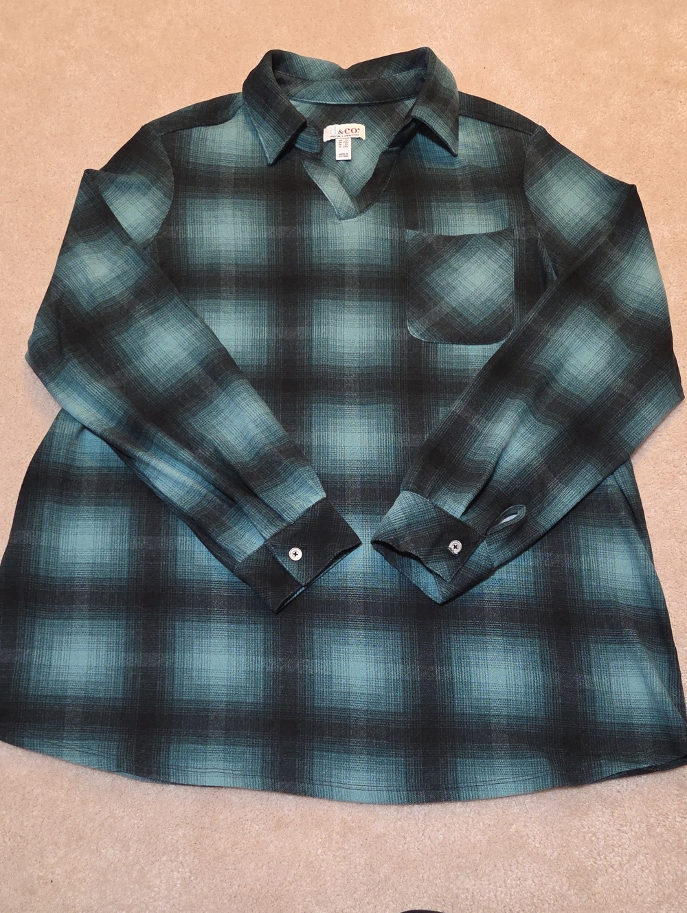D&co Women's Teal Plaid V-neck Blouse